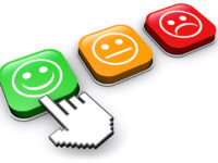 Happy customer feedback concept with hand clicking on positive business experience quality button 3D illustration.